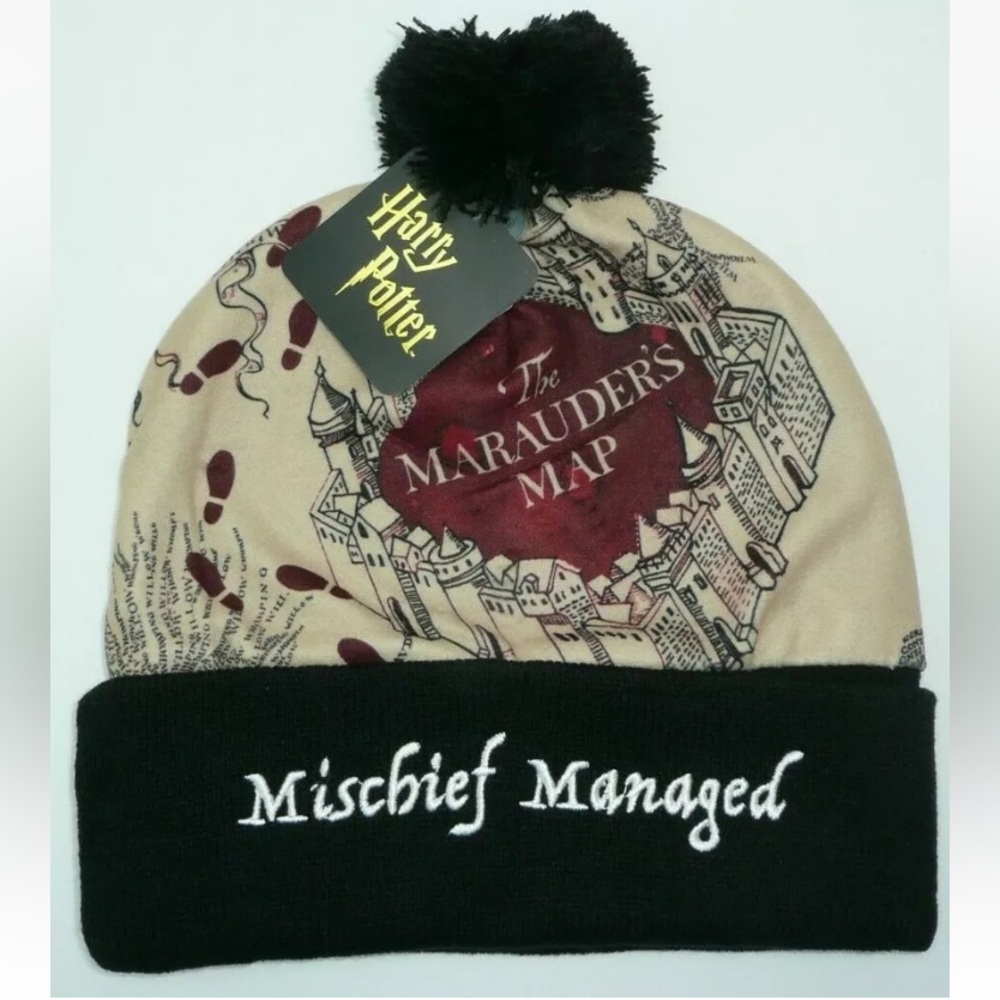 HARRY POTTER MARAUDER’S MAP POM BEANIE! Unisex Mischief Managed Embroidered OSFM